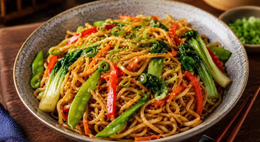 Pyszny makaron mien z warzywami: groszkiem cukrowym, papryką, pak choi i szczypiorkiem, posypany sezamem.