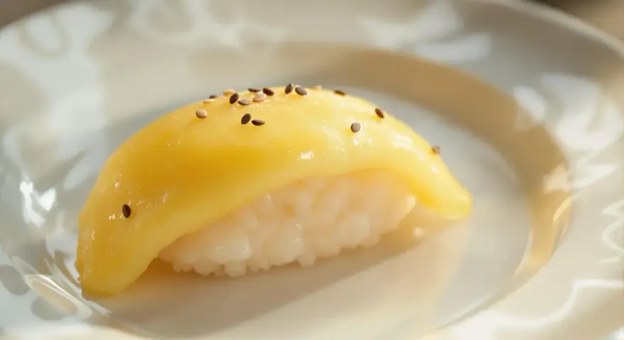 Tamago co to? Delikatne sushi z ryżem i żółtym omletem, posypane sezamem.