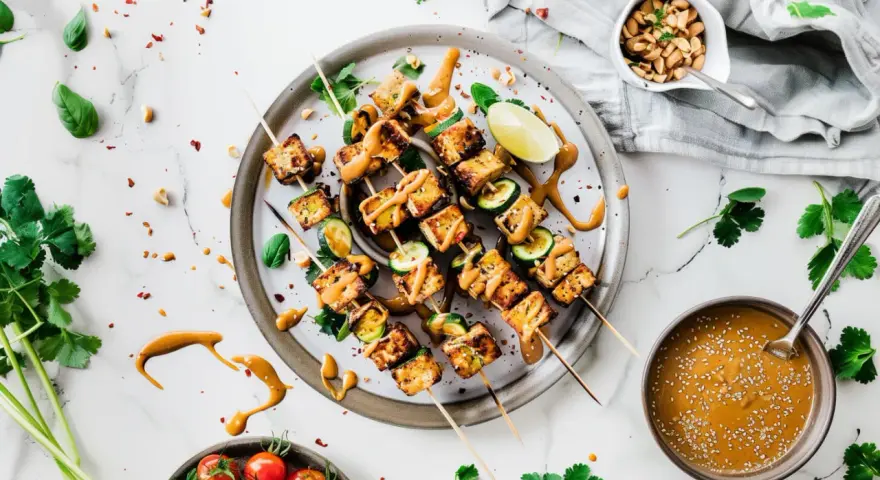 Pyszne szaszłyki z tofu satay, polane kremowym sosem orzechowym, z dodatkiem cukinii i limonki.