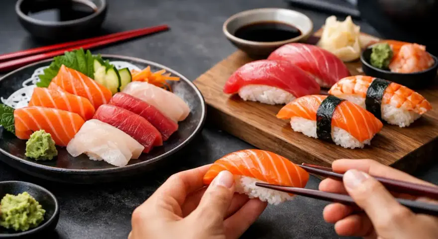 Różnorodne nigiri co to? Pyszne sushi z łososiem, tuńczykiem i krewetkami, podane z wasabi i sosem sojowym.