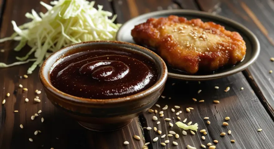 Gęsty, ciemny sos tonkatsu w miseczce, obok smażonego kotleta i poszatkowanej kapusty.