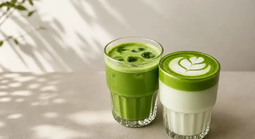 Dwa orzeźwiające napoje: zielone matcha latte z pianką i lodowe matcha. Idealne na upalne dni.