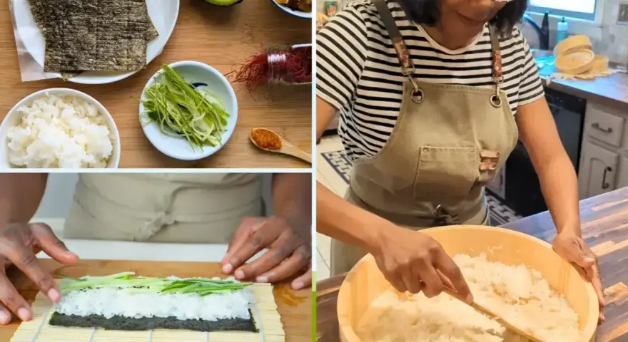 Przygotowanie sushi: ile ryżu na rolkę? Składniki: ryż, awokado, nori, ogórek. Kobieta miesza ryż w drewnianej misce.