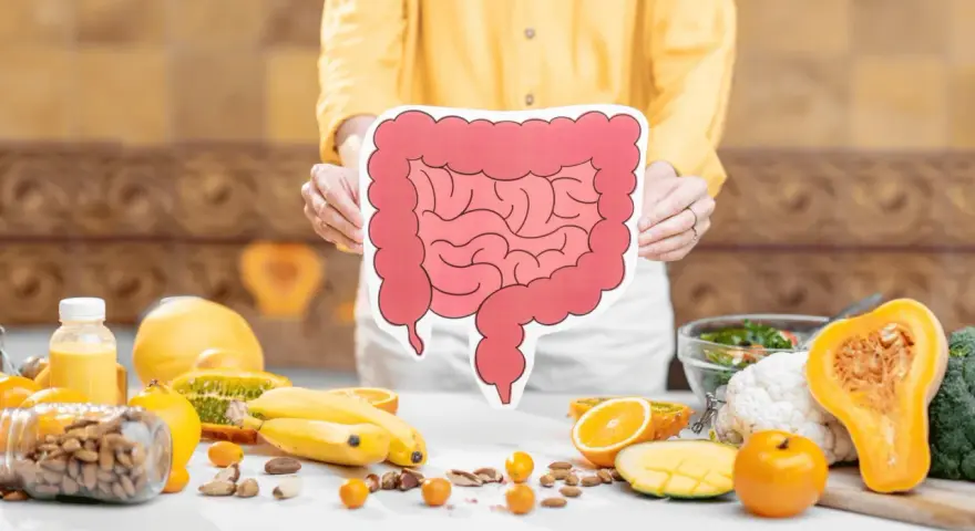 Osoba trzyma planszę z jelitami, wokół owoce i orzechy. Czy sos sojowy fodmap jest bezpieczny?