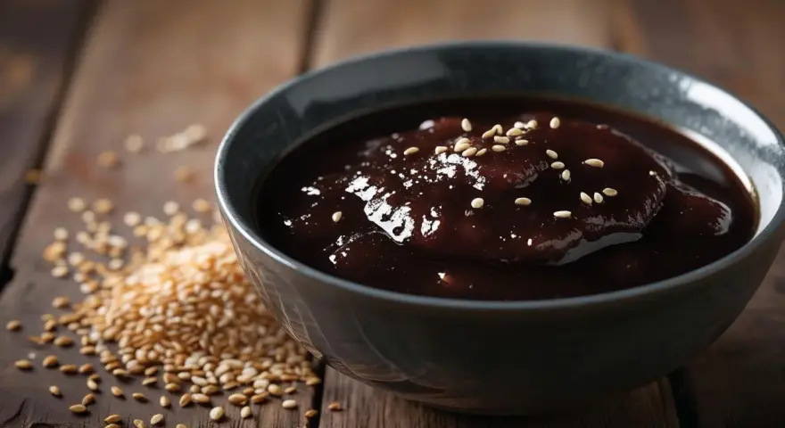 Gęsty, ciemny sos w misce, posypany sezamem. Obok garść ziaren sezamu. Idealny, gdy szukasz, czym zastąpić sos teriyaki.
