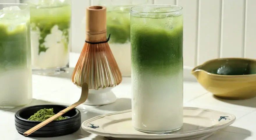 Zielone napoje matcha z lodem, bambusowa miotełka i proszek matcha.