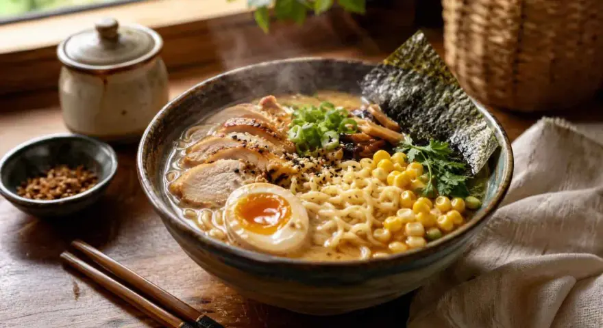 Pyszne, parujące ramen z kurczakiem, jajkiem i kukurydzą. Idealny przepis, jak zrobić ramen w domu.
