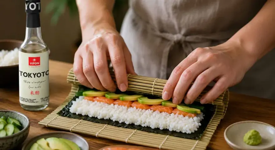 Ręce zwijają sushi z łososiem i awokado. Obok butelka octu ryżowego do sushi.