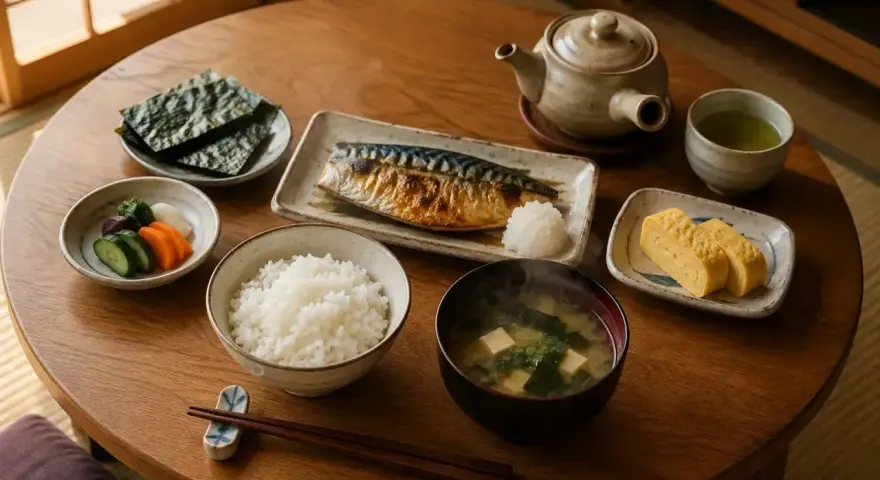Tradycyjne japońskie jedzenie: ryż, grillowana makrela, zupa miso, tamagoyaki, nori i marynowane warzywa.