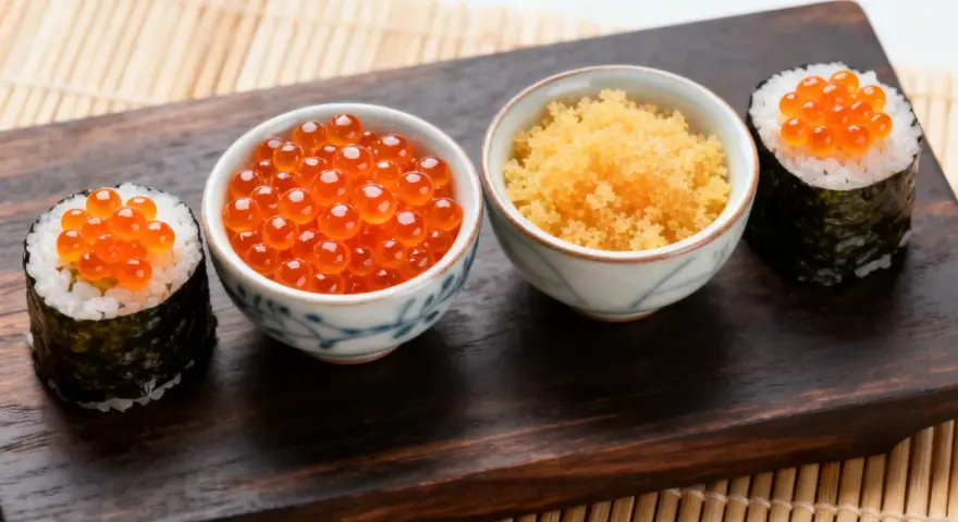 Dwa sushi rolki z pomarańczowym ikrą masago i miseczki z ikrą.