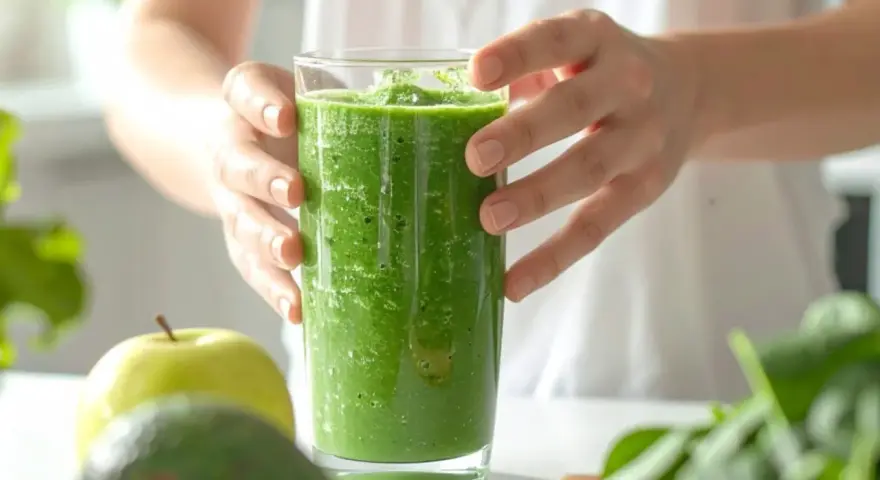 Zielony koktajl z awokado, kiwi i banana, gotowy do spożycia. Obok jabłko i świeży szpinak.