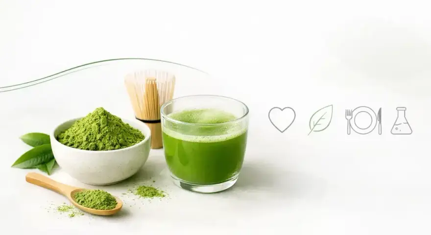 Zielone matcha w proszku i napój w szklance, bambusowa miotełka. Ile razy dziennie pić matcha dla zdrowia?