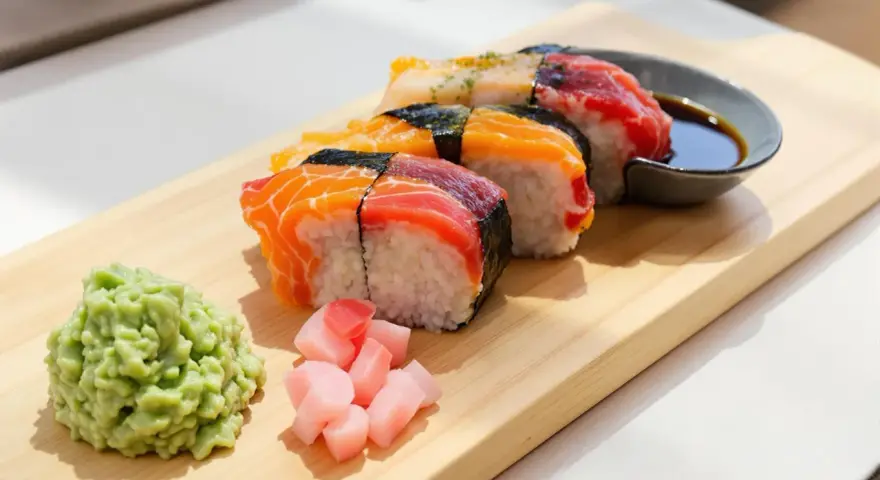 Kolorowe sushi z łososiem i tuńczykiem, podane z wasabi, marynowanym imbirem i sosem sojowym. Idealne sushi składniki na desce.