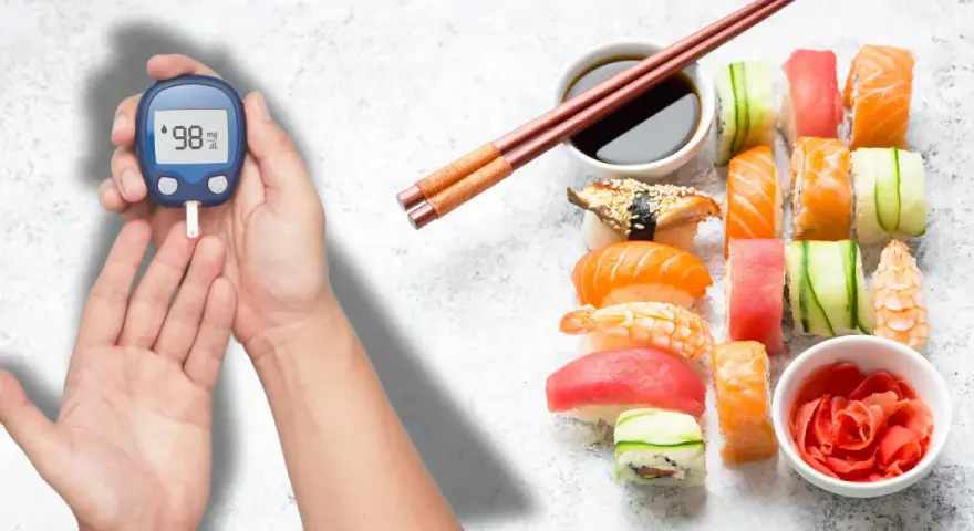 Ręka z glukometrem obok talerza sushi. Zastanawiasz się nad sushi indeks glikemiczny?