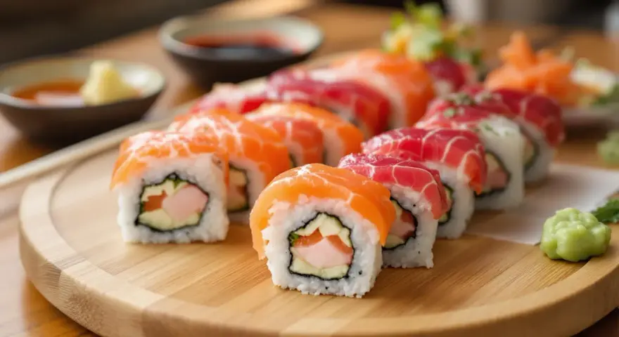 Na talerzu sushi z łososiem i tuńczykiem. Czy w sushi jest surowa ryba? Tak, często, jak widać na zdjęciu.