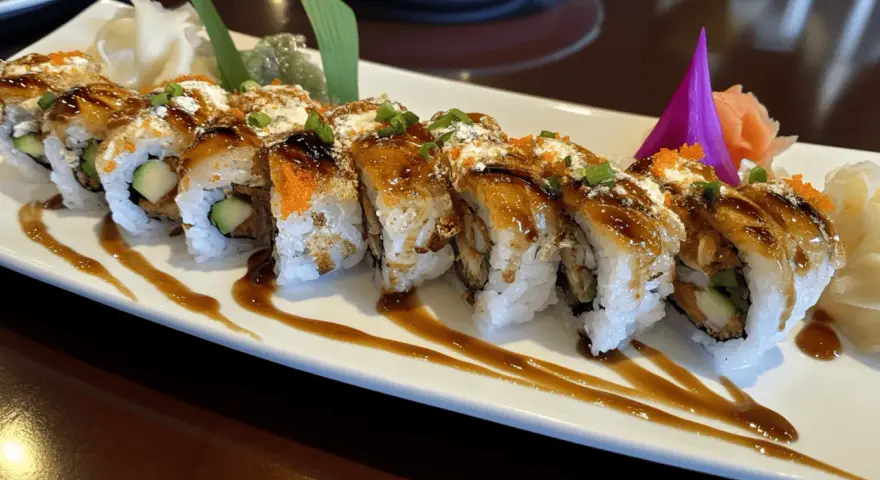 Pyszne sushi z awokado i sosem teriyaki. Zastanawiasz się, ile sushi może stac w lodowce? Najlepiej zjeść je od razu!