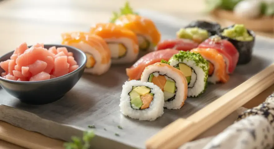 Różnorodne sushi z łososiem i awokado, obok miseczka z różowym, imbir marynowany.
