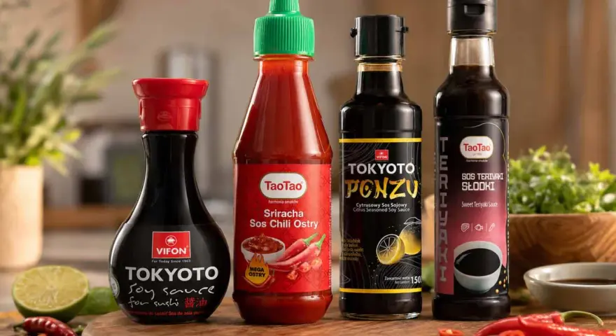 Na drewnianej desce stoją cztery butelki sosów: Vifon Tokyoto Soy Sauce, TaoTao Sriracha Sos Chili Ostry, Tokyoto Ponzu (cytrusowy sos sojowy) i TaoTao Sos Teriyaki Słodki. Obok leżą limonki i papryczki chili.