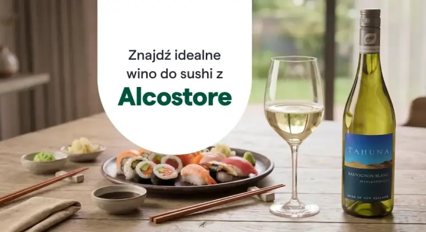Idealne wino do sushi czeka! Zobacz, jakie wino do sushi poleca Alcostore, obok świeżego sushi i kieliszka białego wina.