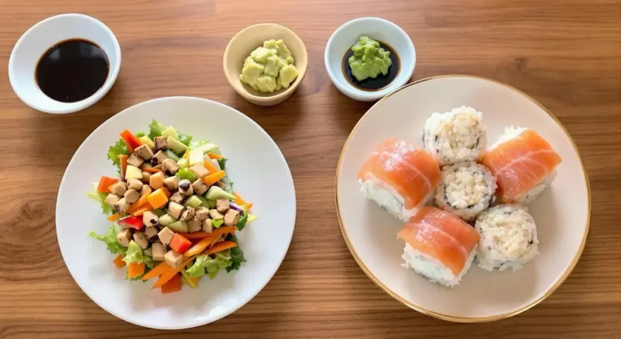 Na stole sushi z łososiem i sałatka z tofu. W miseczkach sos sojowy, wasabi i pasta. Zastanawiasz się, czym się różni kimbap od sushi?