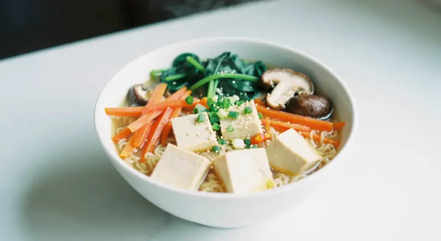 A miseczce ramenu z kostkami tofu, marchewką, szpinakiem i grzybami shiitake.