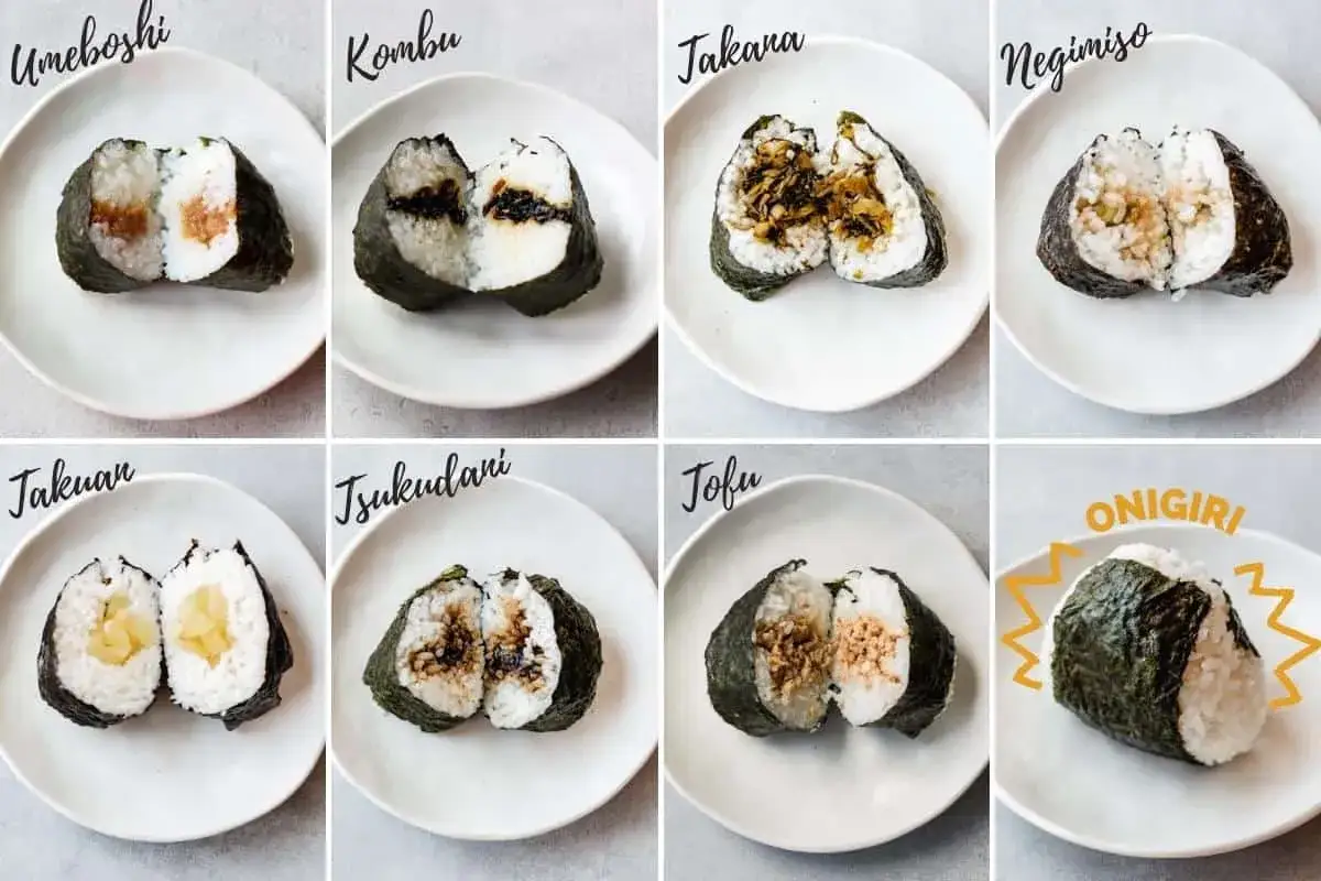Różnorodne nadzienie do onigiri: umeboshi, kombu, takana, negimiso, jakuan, tsukudani i tofu.