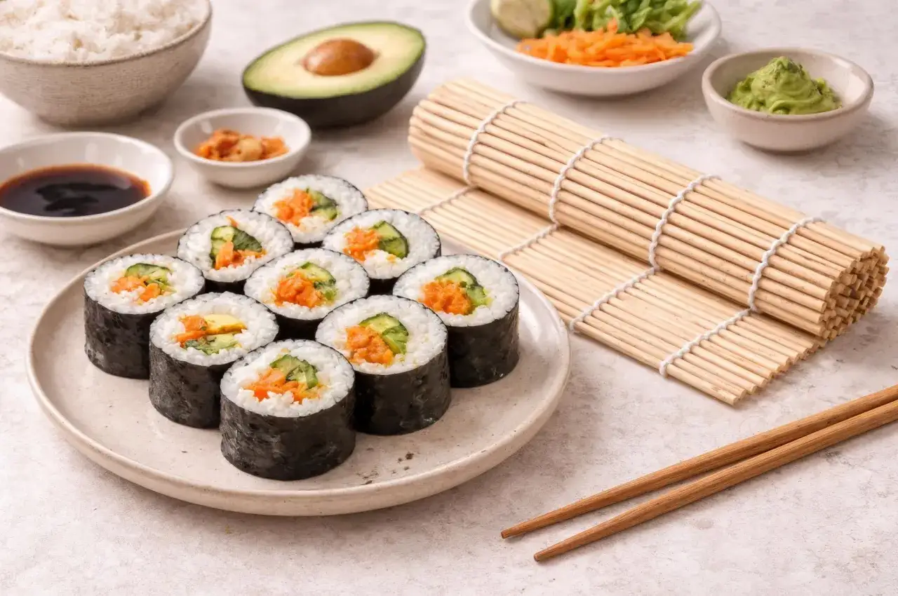 Uramaki california z łososiem, awokado i ogórkiem, gotowe do podania z sosem sojowym i wasabi.