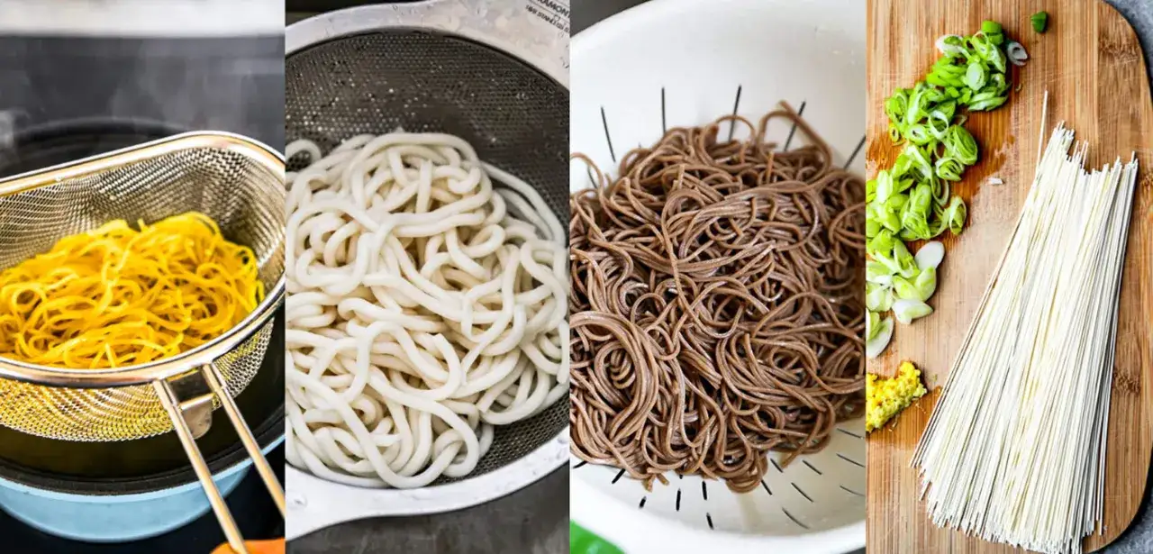 Cztery rodzaje japońskiego makaronu: żółty w cedzaku, biały udon, brązowy soba i biały somen z dymką.