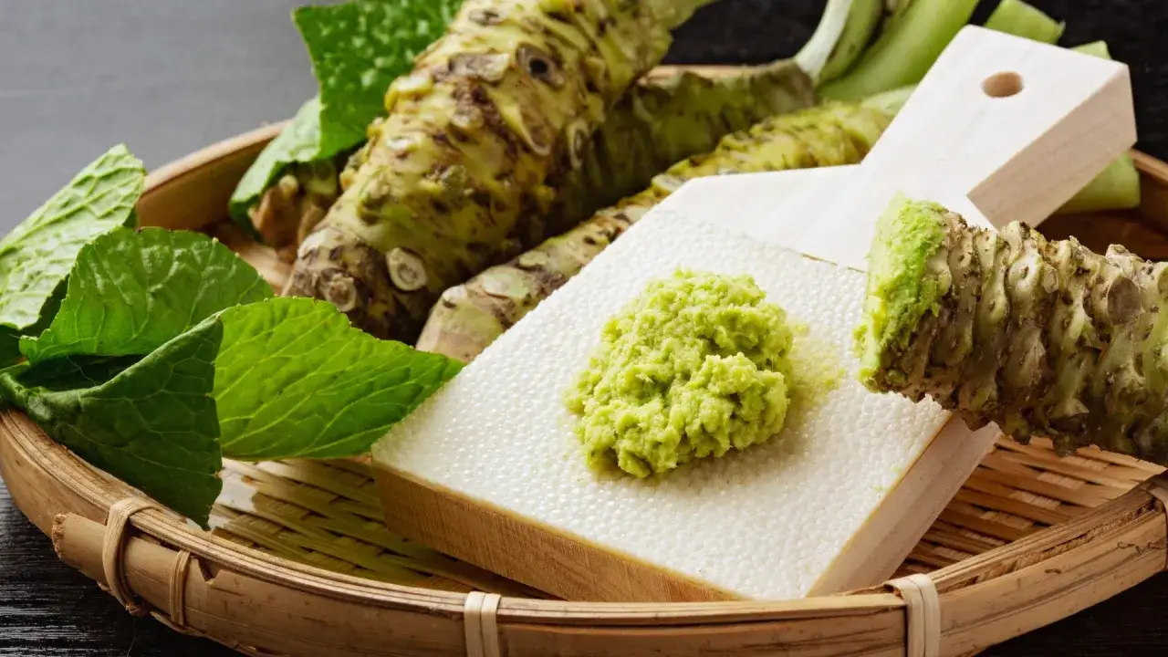Świeżo starty chrzan na tarce, pokazujący, jak zrobić wasabi. Obok świeże korzenie i liście.