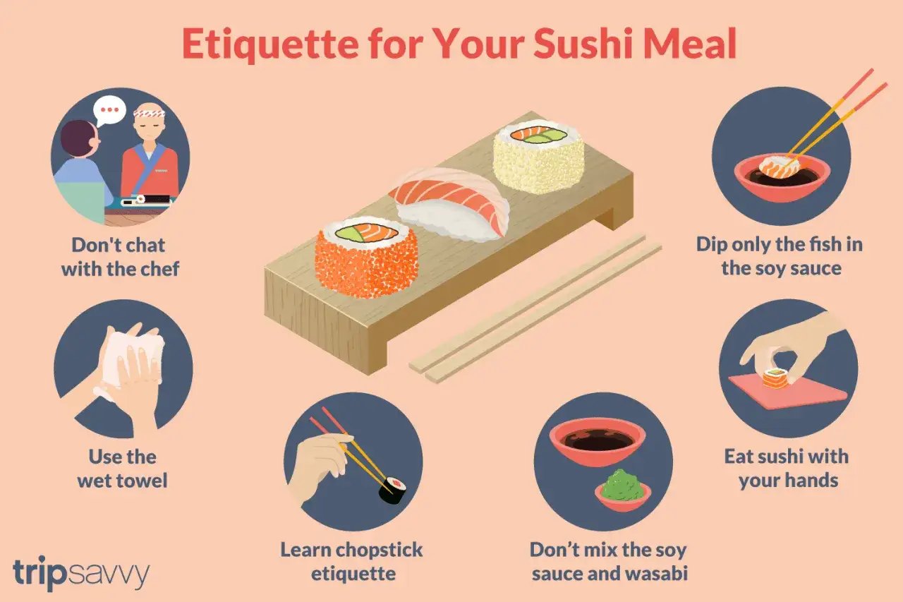 Jak jeść sushi: nie rozmawiaj z szefem kuchni, używaj ręcznika, jedz rękami, zanurzaj tylko rybę w sosie sojowym.