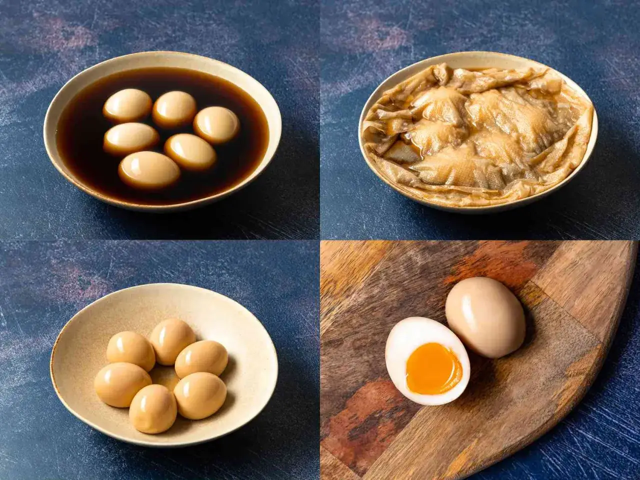 Cztery etapy przygotowania jajek Ajitsuke Tamago: w zalewie, po marynowaniu, gotowe i przekrojone.