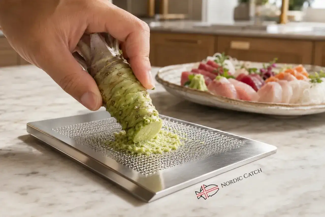 Dłoń trze korzeń prawdziwego wasabi o metalową tarkę. W tle talerz z sashimi.