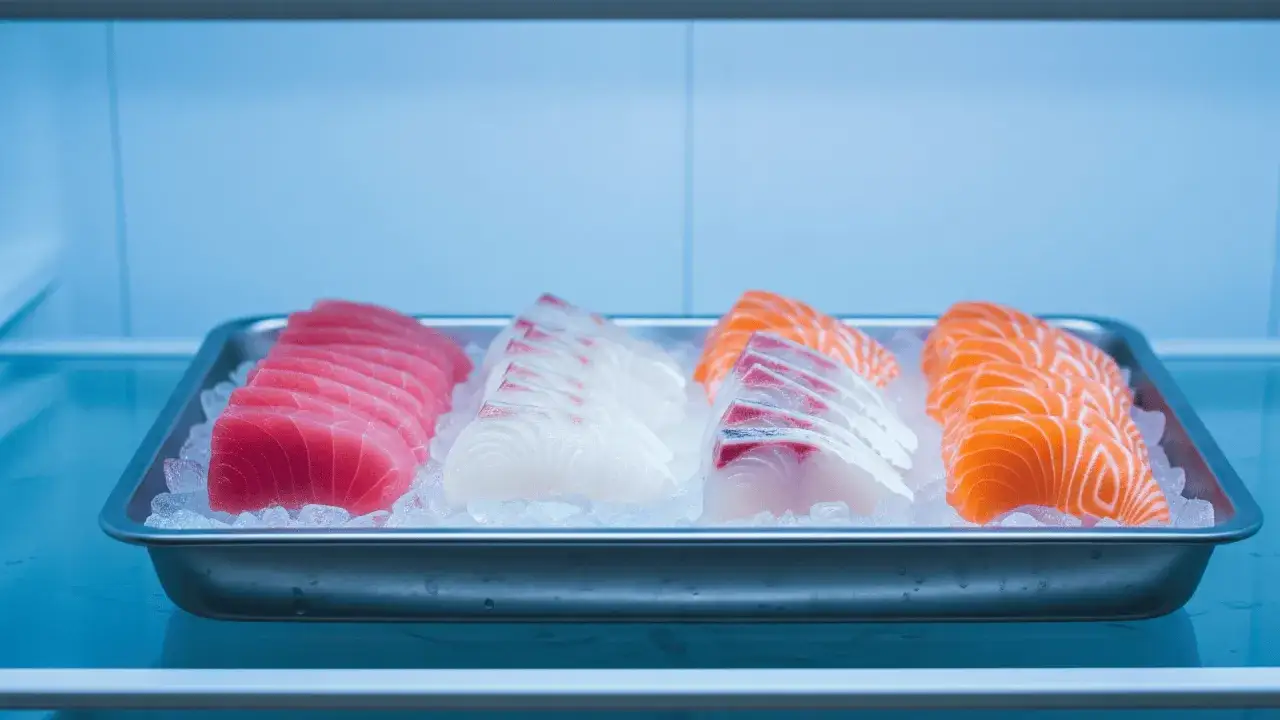 Świeże sashimi z łososia i tuńczyka na lodzie. Czy sushi można jeść na drugi dzień? Tak, jeśli jest odpowiednio przechowywane.