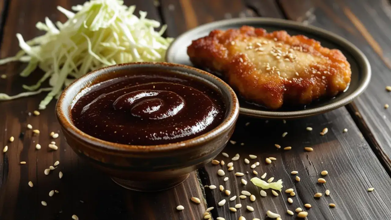 Gęsty, ciemny sos tonkatsu w miseczce, obok smażonego kotleta i poszatkowanej kapusty.