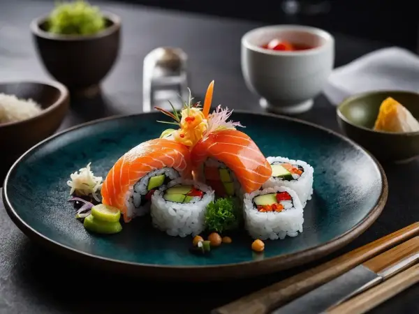 Wykwintne rolki sushi z łososiem, awokado i warzywami, podane z dodatkami do sushi: wasabi, imbirem i sosem.