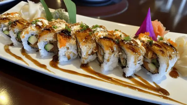 Pyszne sushi z awokado i sosem teriyaki. Zastanawiasz się, ile sushi może stac w lodowce? Najlepiej zjeść je od razu!
