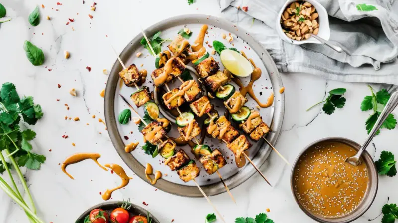 Pyszne szaszłyki z tofu satay, polane kremowym sosem orzechowym, z dodatkiem cukinii i limonki.