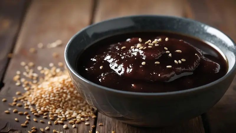 Gęsty, ciemny sos w misce, posypany sezamem. Obok garść ziaren sezamu. Idealny, gdy szukasz, czym zastąpić sos teriyaki.
