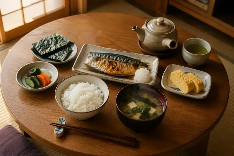Tradycyjne japońskie jedzenie: ryż, grillowana makrela, zupa miso, tamagoyaki, nori i marynowane warzywa.